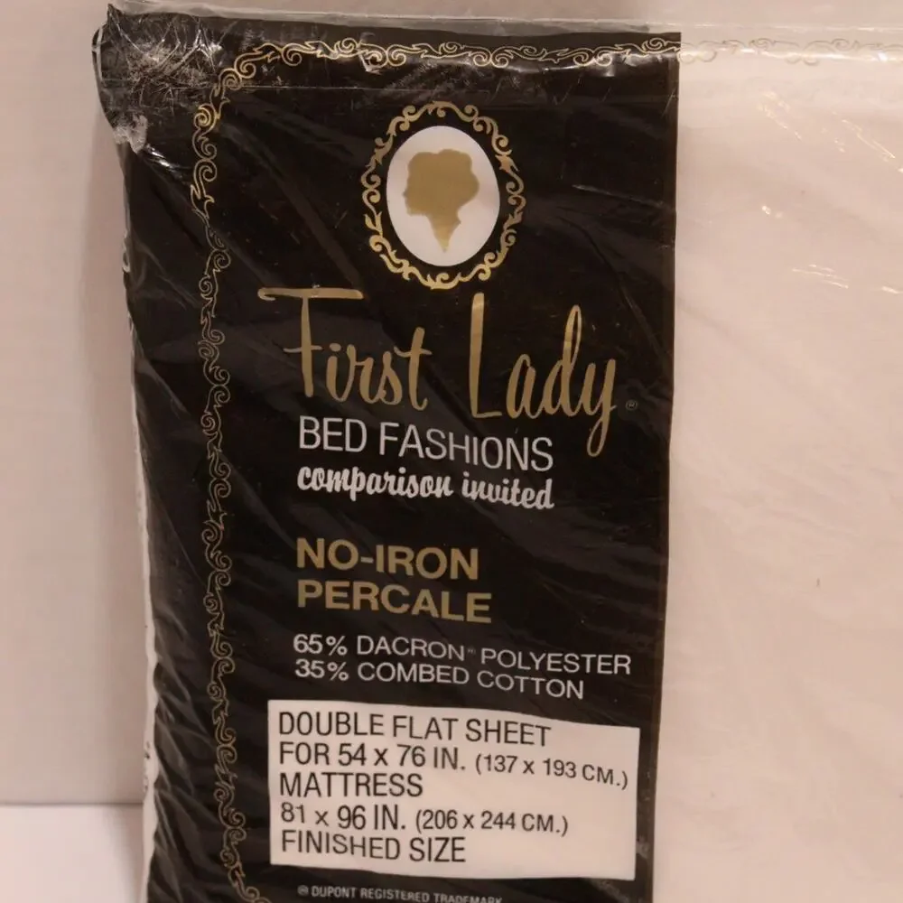 First Lady White Double Full Size Flat Sheet Percale No Iron 81x96 NEW